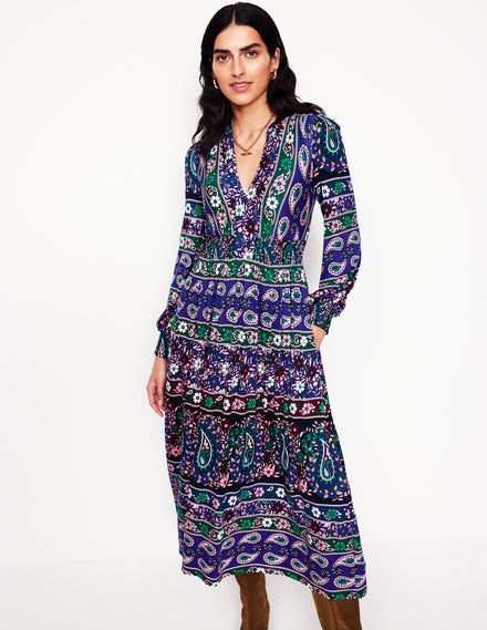 Ivy Border Print Midi Dress-Rich Blue, Paisley Medley