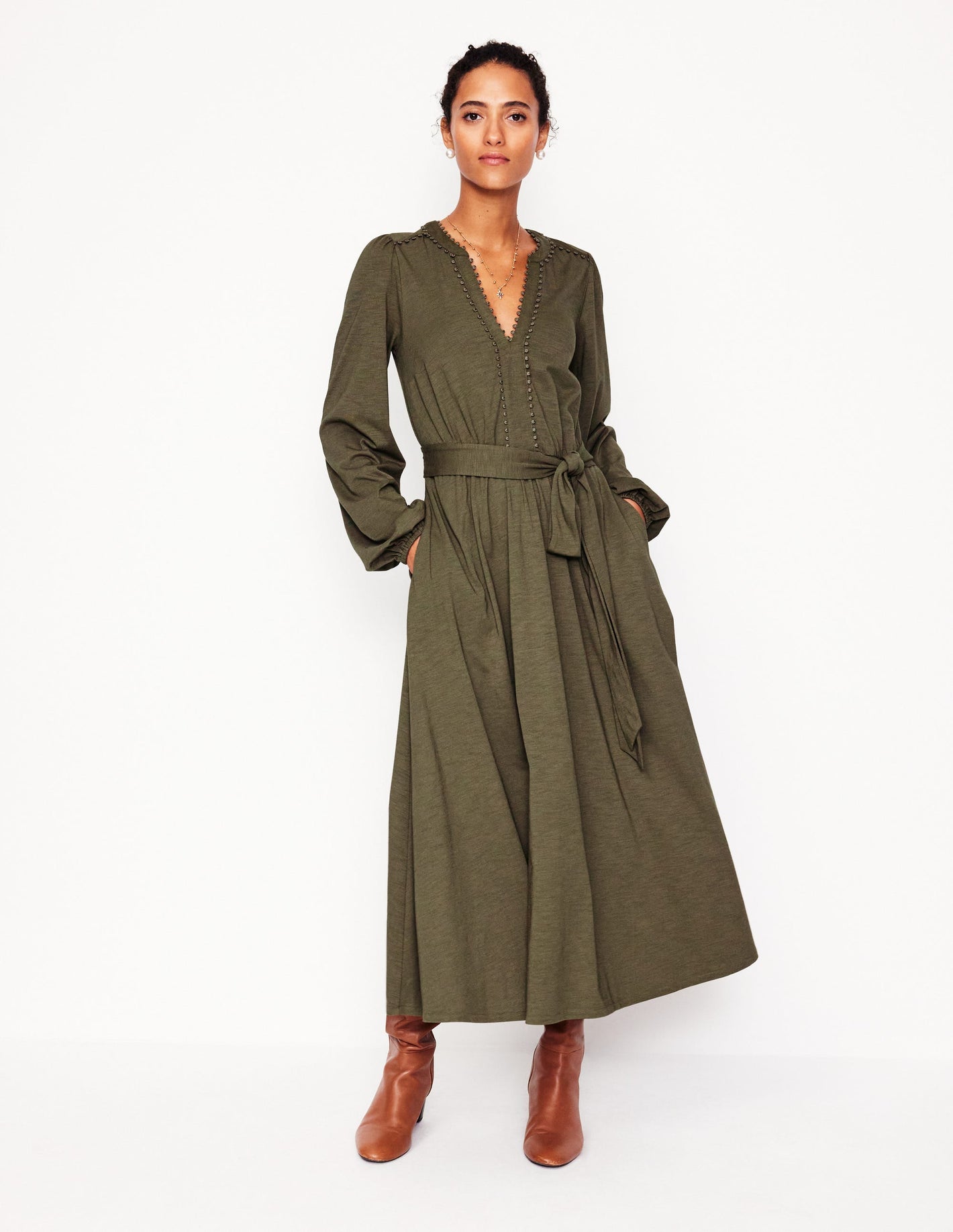 Maeve Trim Jersey Midi Dress -Classic Khaki