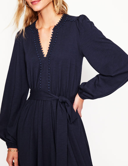 Maeve Trim Jersey Midi Dress-Navy