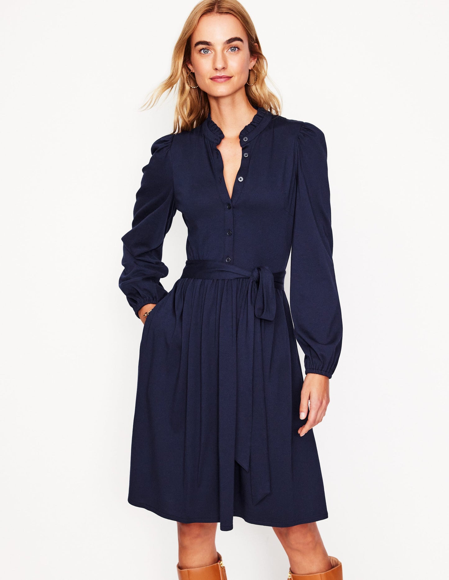 Willow Frill Short Shirt Dress -Navy