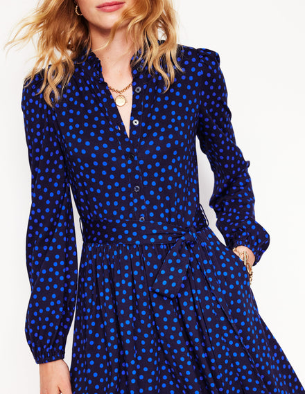 Willow Frill Short Shirt Dress-French Navy, Abstract Dot