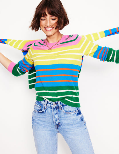 Eva Cashmere Crew Neck Jumper -Green, Pink, Bright Blue Multi