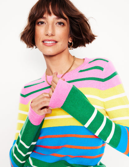 Eva Cashmere Crew Neck Jumper -Green, Pink, Bright Blue Multi