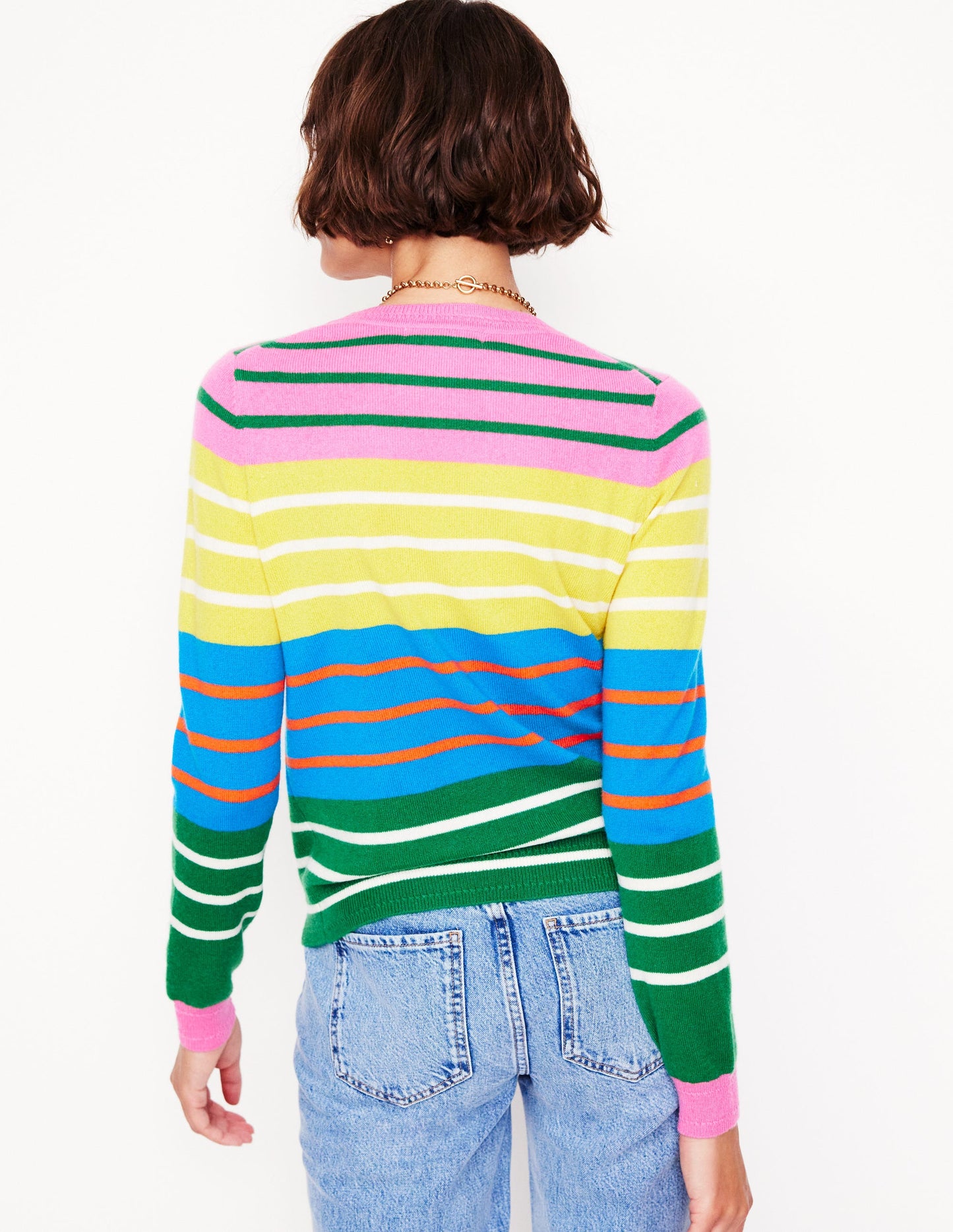 Eva Cashmere Crew Neck Jumper -Green, Pink, Bright Blue Multi