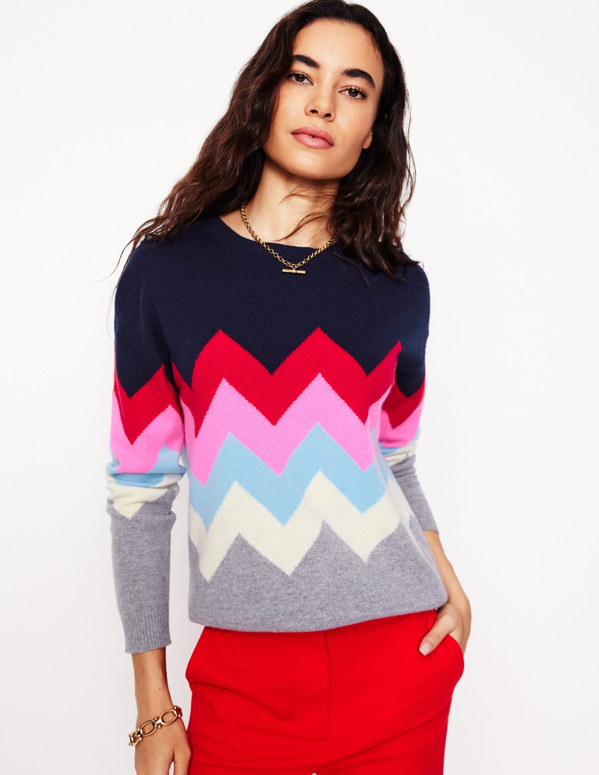 Lydia Cashmere Jumper-Navy, Zig Zag - Image 1