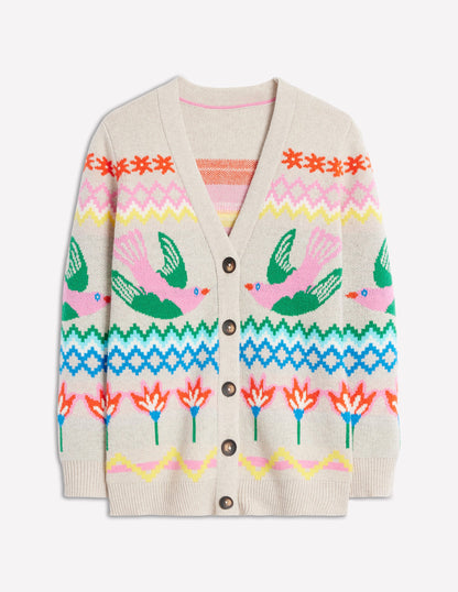 Fair Isle Boyfriend Cardigan -Oatmeal Melange, Birds