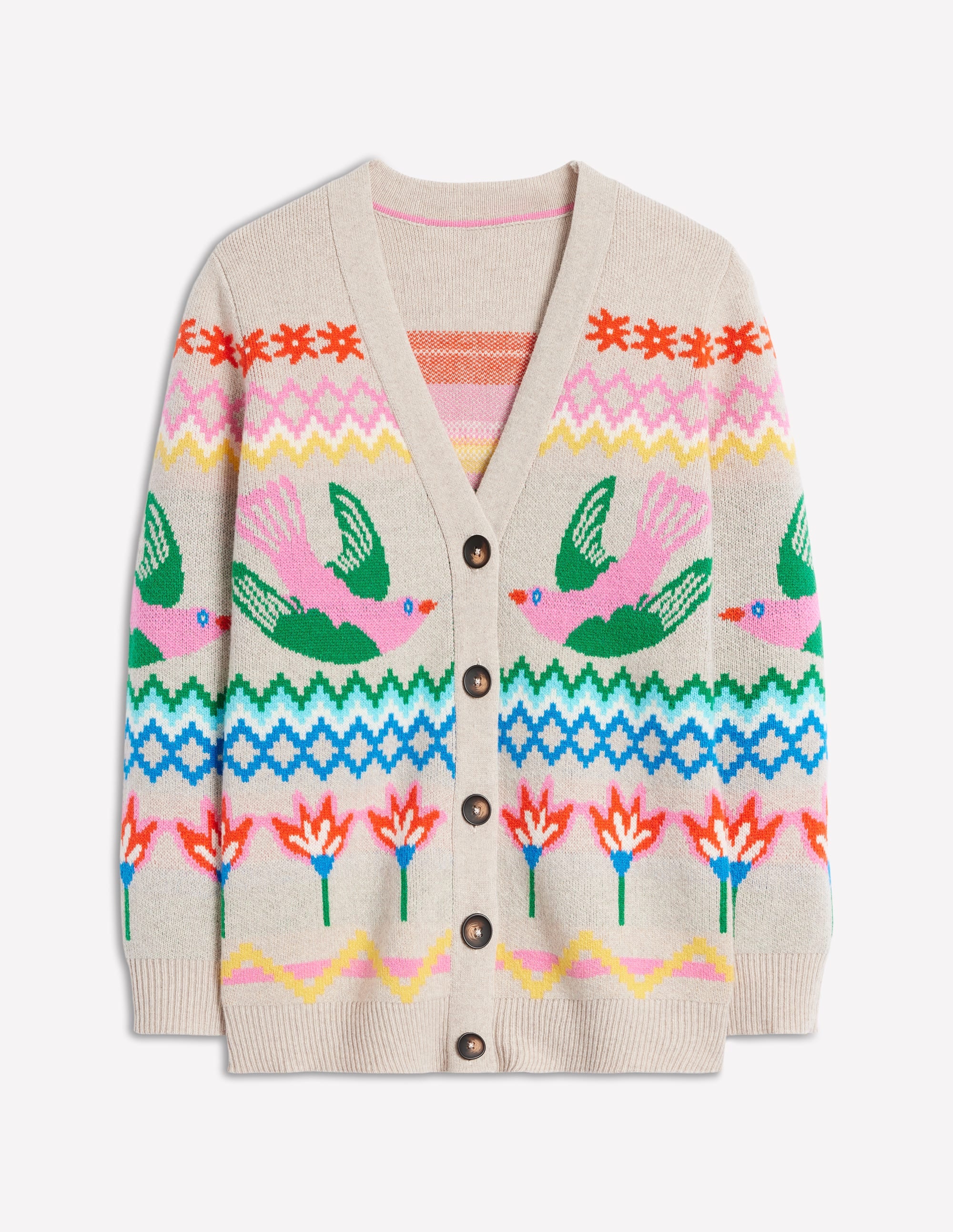 Fair Isle Boyfriend Cardigan-Oatmeal Melange, Birds - Image 6