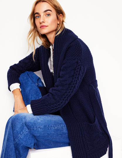 Cable Belted Cardigan -Navy