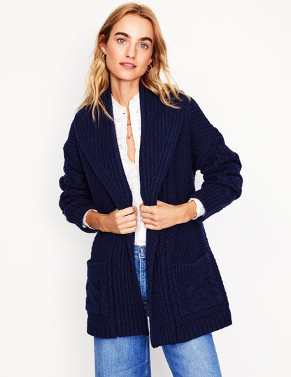 Cable Belted Cardigan -Navy