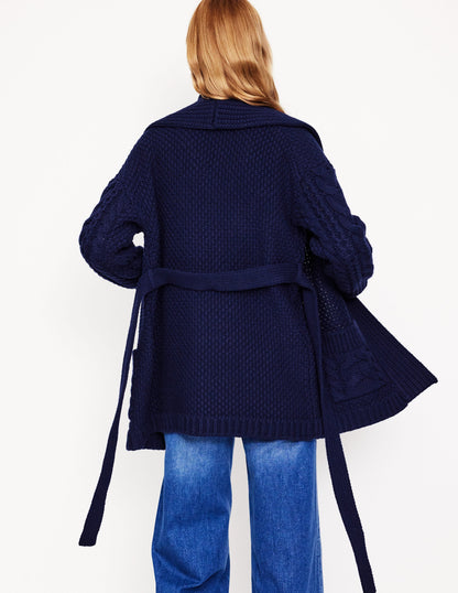 Cable Belted Cardigan -Navy