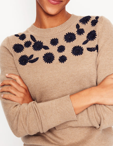 Embroidered Floral Jumper-Camel Melange