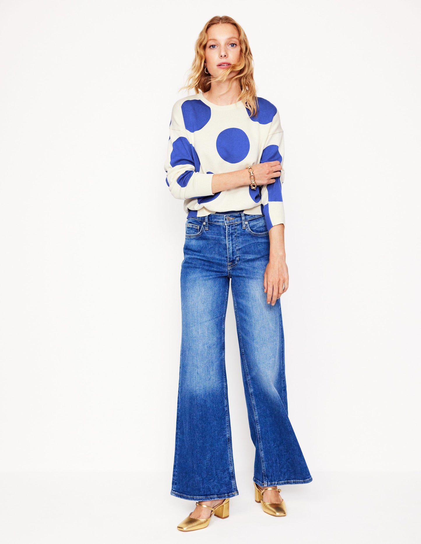 Lara Relaxed Cotton Jumper-Ivory/ Bright Blue Spot