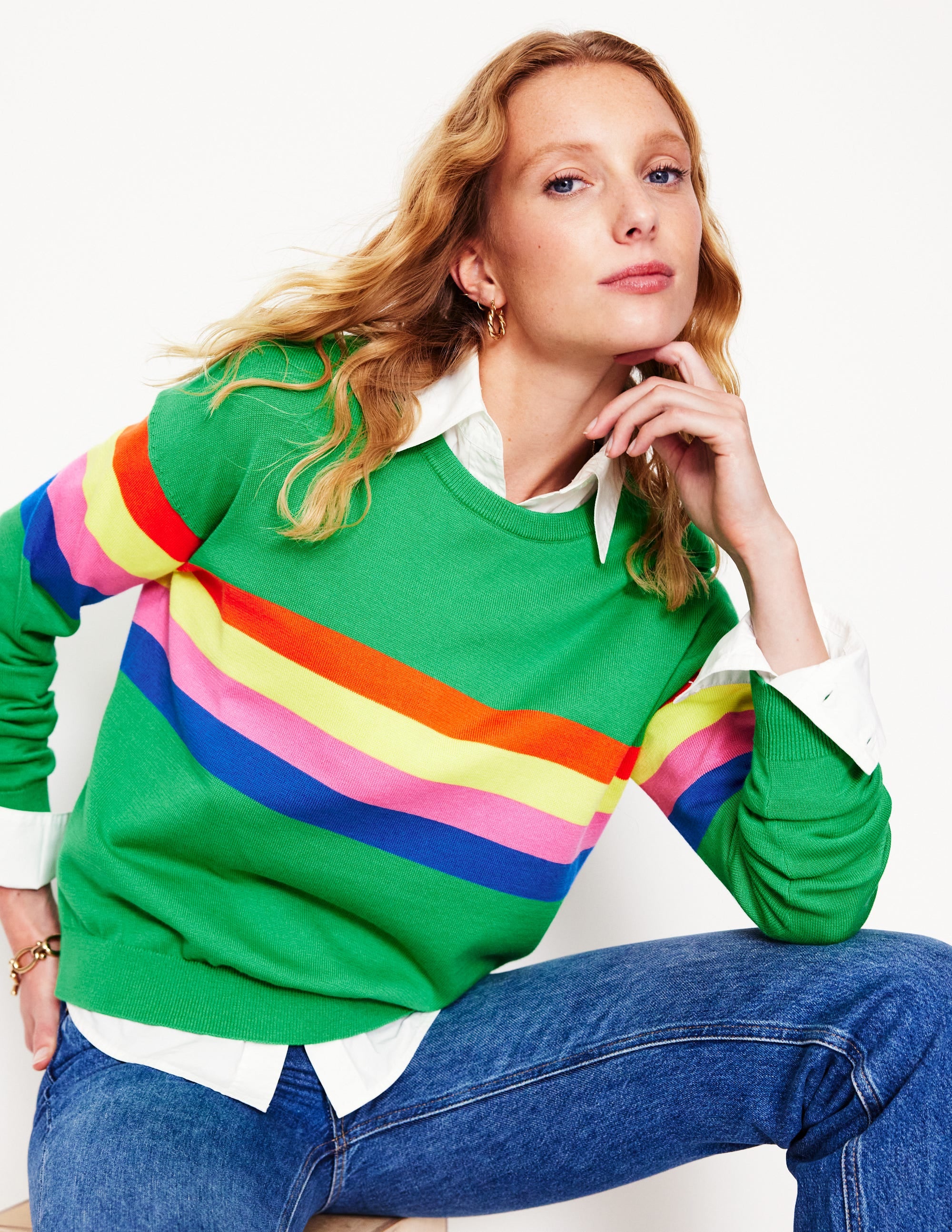 Lara Relaxed Cotton Jumper-Bright Green Chest Stripe - Image 1