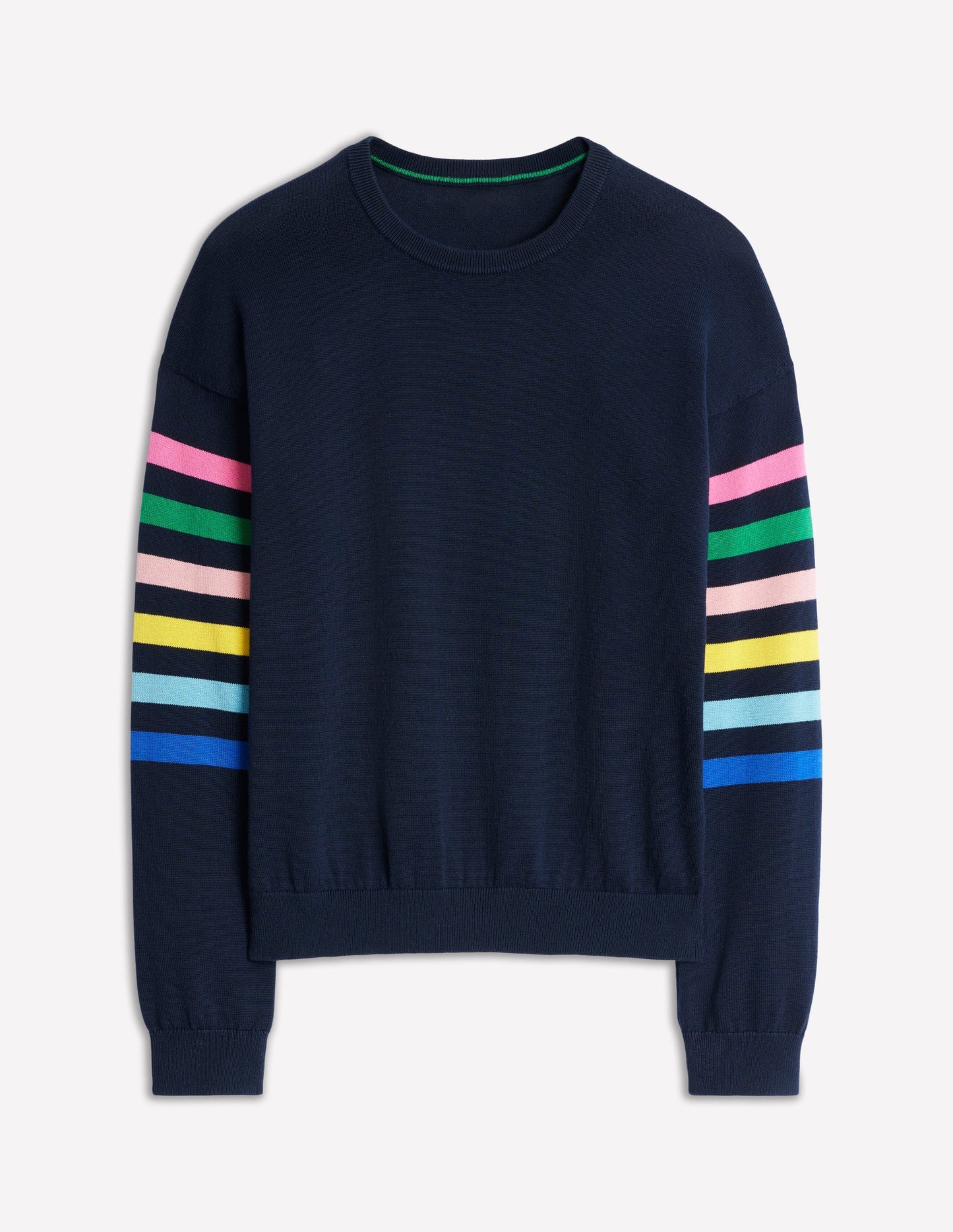 Lara Relaxed Cotton Jumper-Navy Rainbow Sleeve Stripe