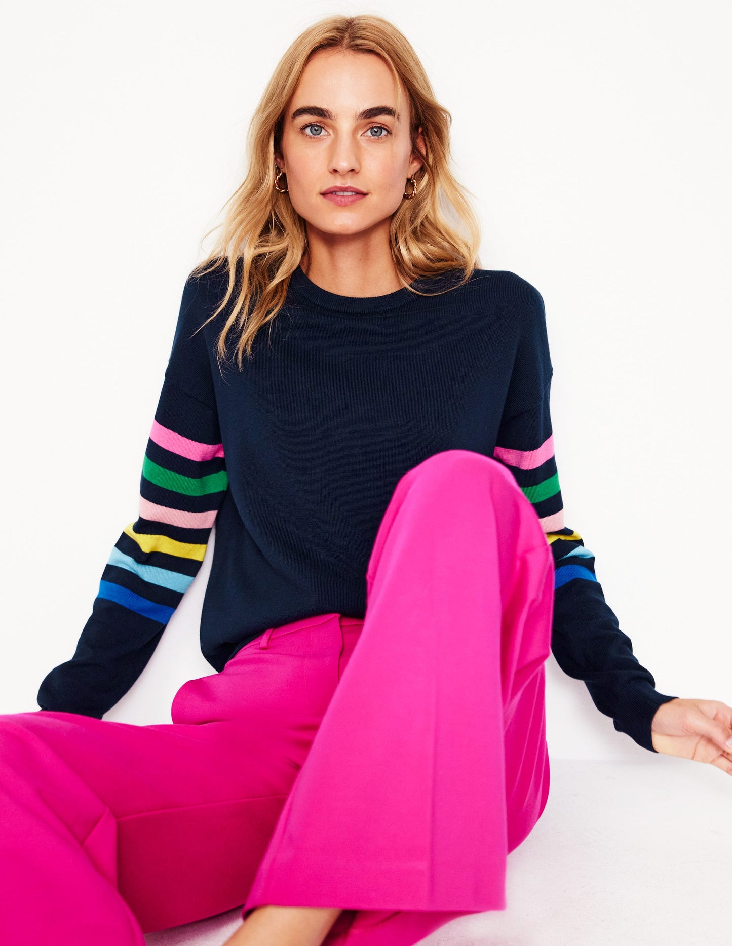 Lara Relaxed Cotton Jumper-Navy Rainbow Sleeve Stripe