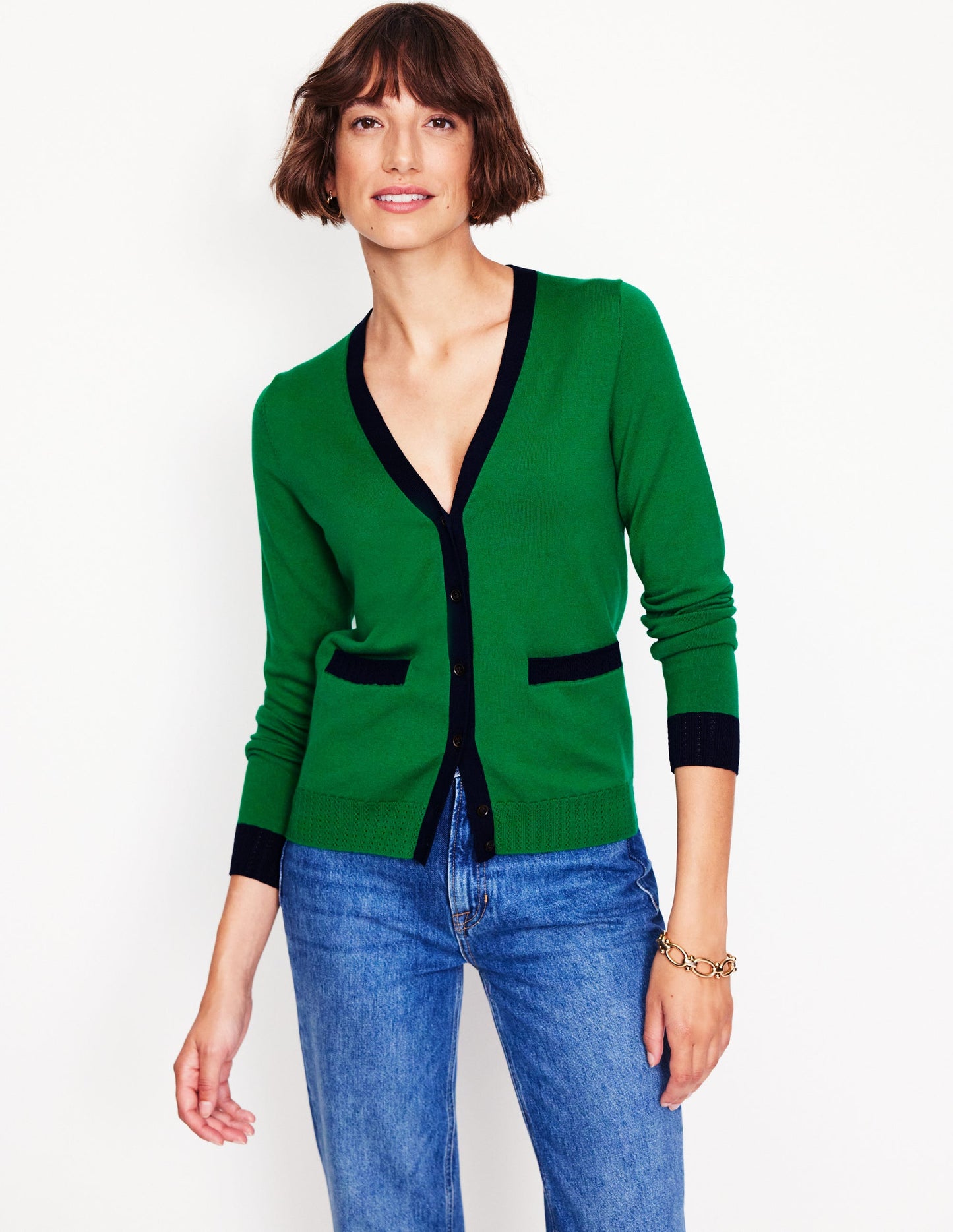 Emilia Cotton V Neck Cardigan -Rich Emerald/Navy