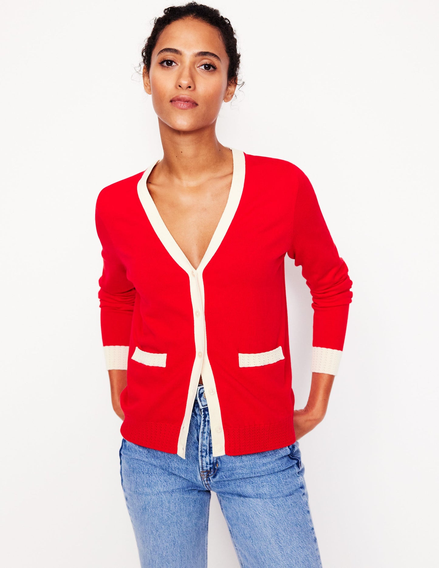 Emilia Cotton V Neck Cardigan -Poppy Red