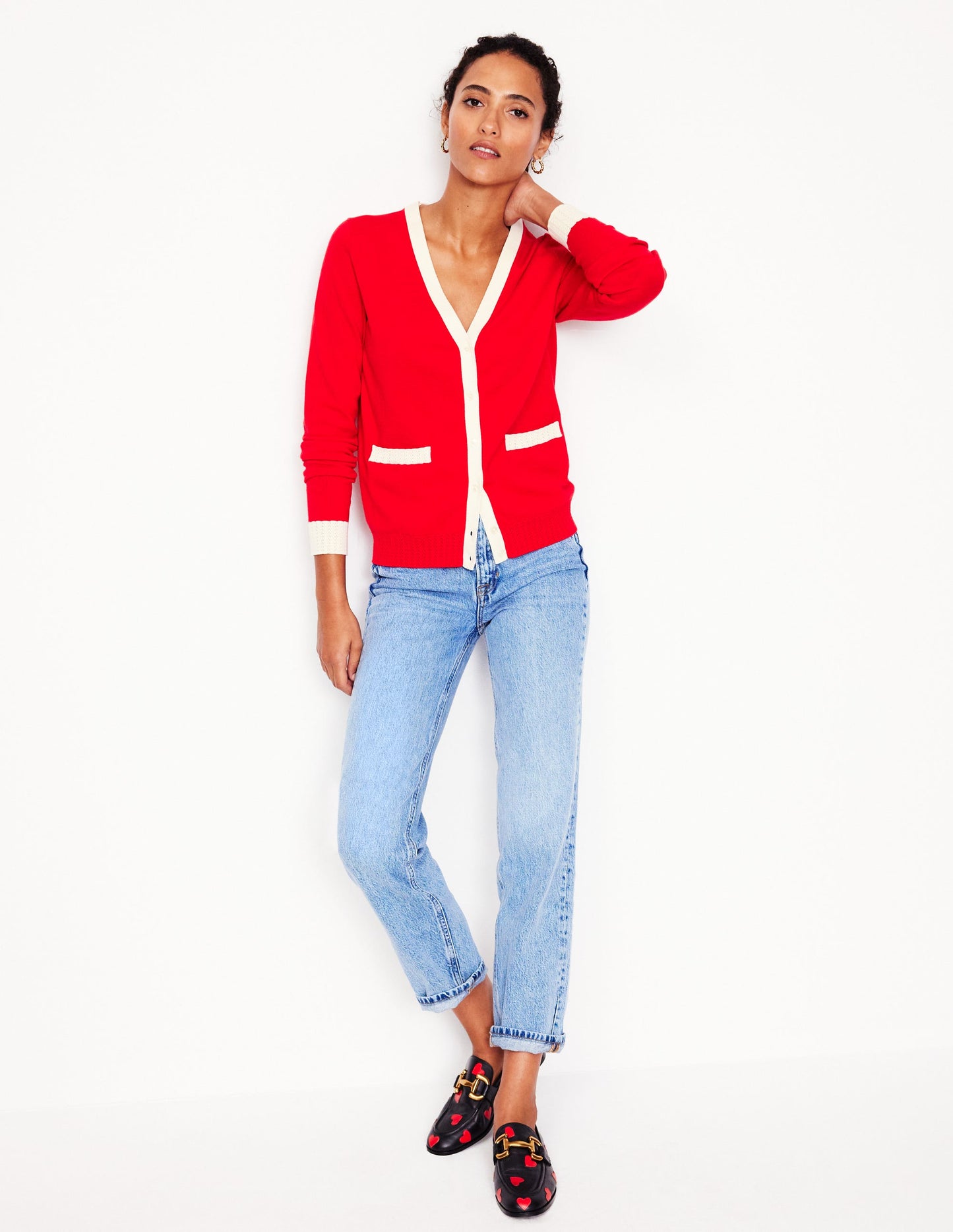 Emilia Cotton V Neck Cardigan -Poppy Red