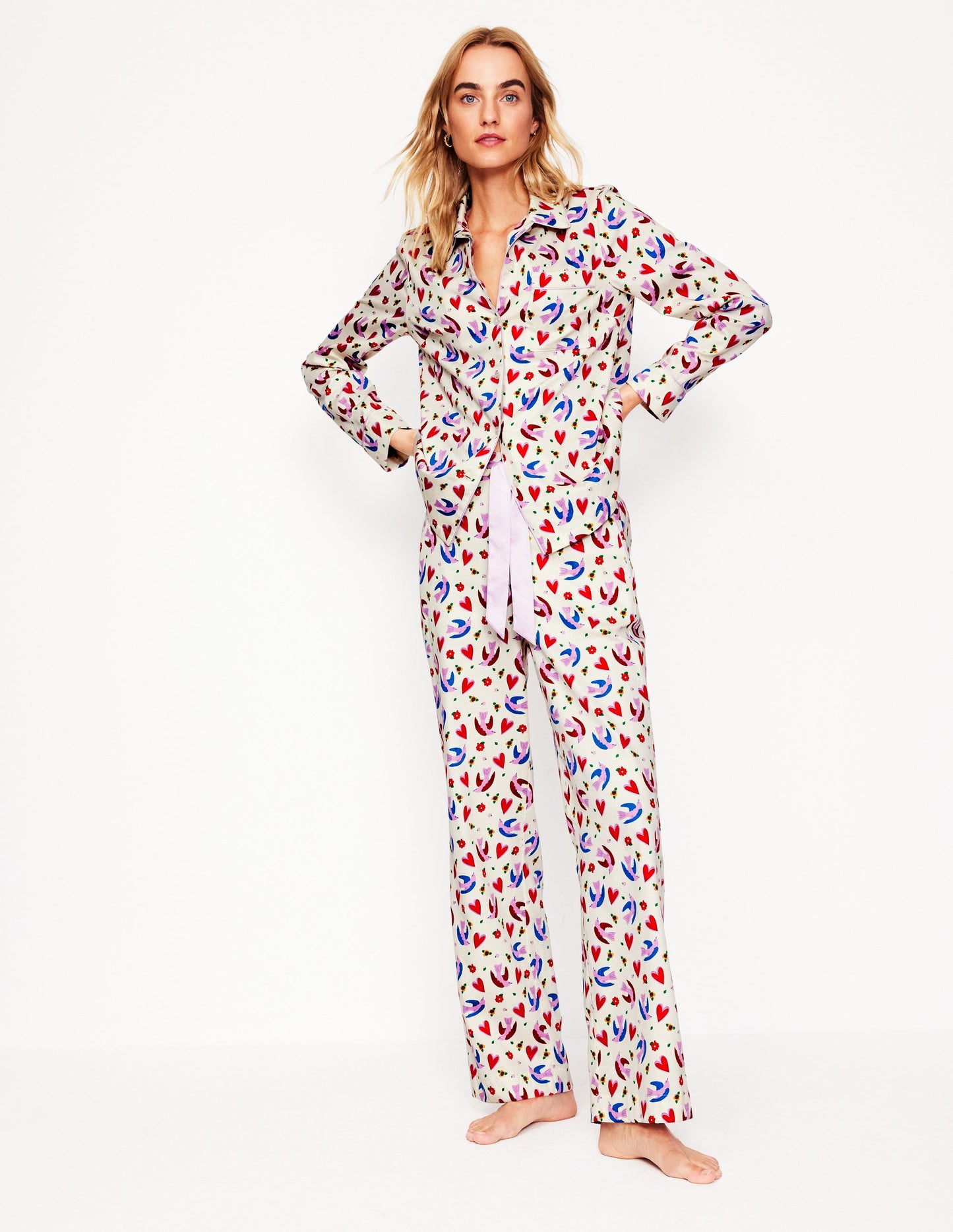 Cotton Sateen Pyjama Shirt-Ivory, Heart Flutter