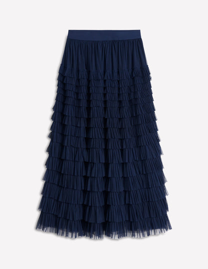 Tiered Tulle Ruffle Maxi Skirt-Navy