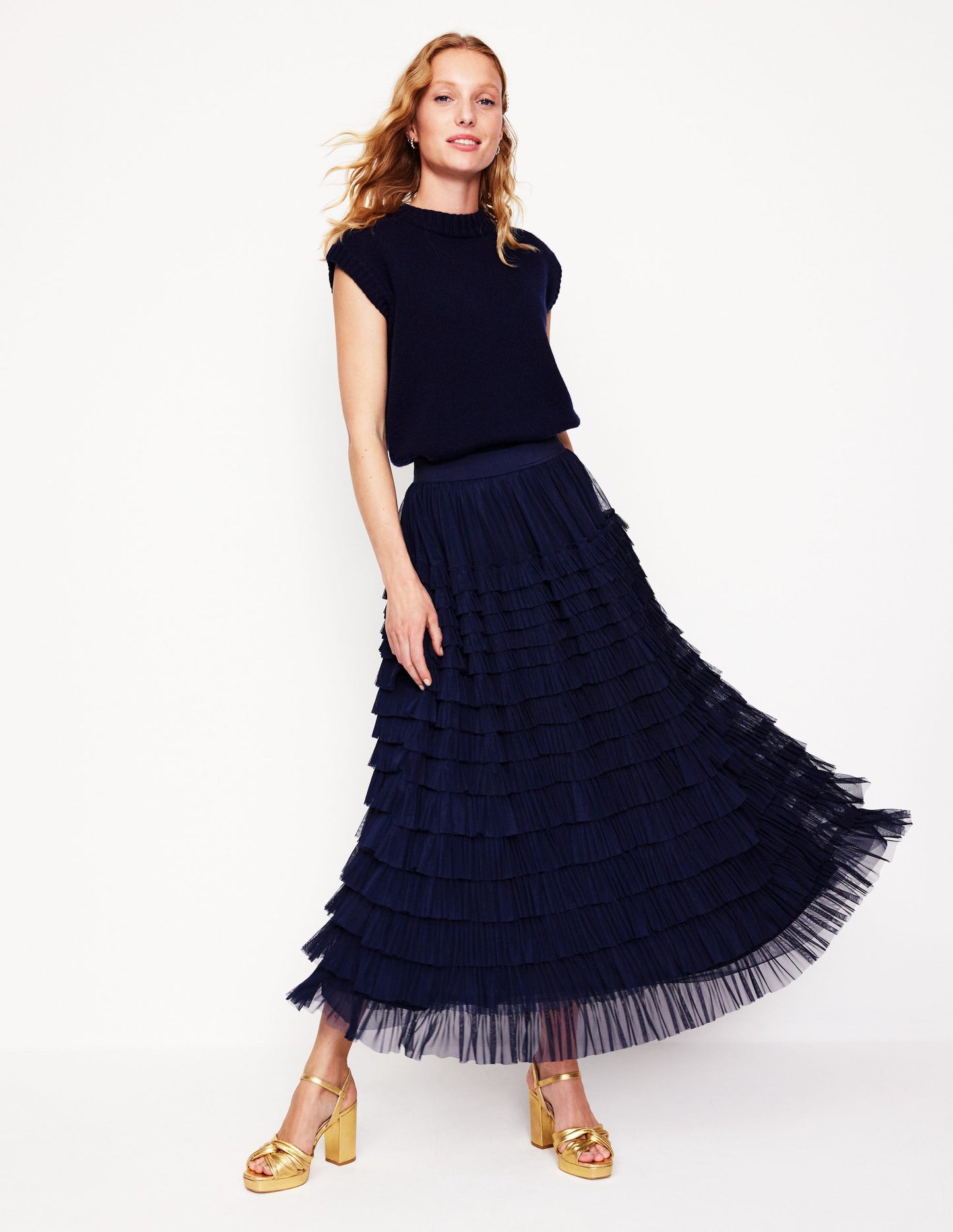 Tiered Tulle Ruffle Maxi Skirt-Navy