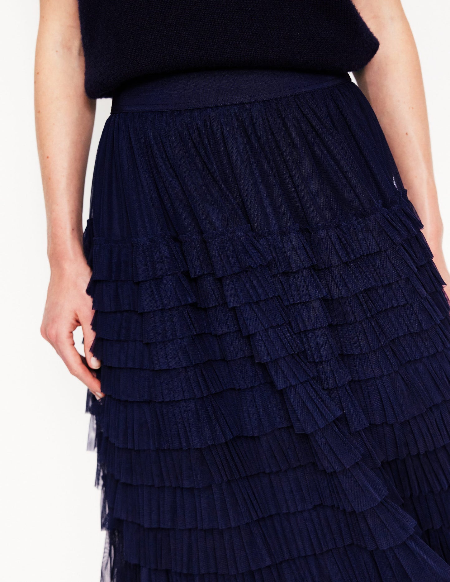 Tiered Tulle Ruffle Maxi Skirt-Navy