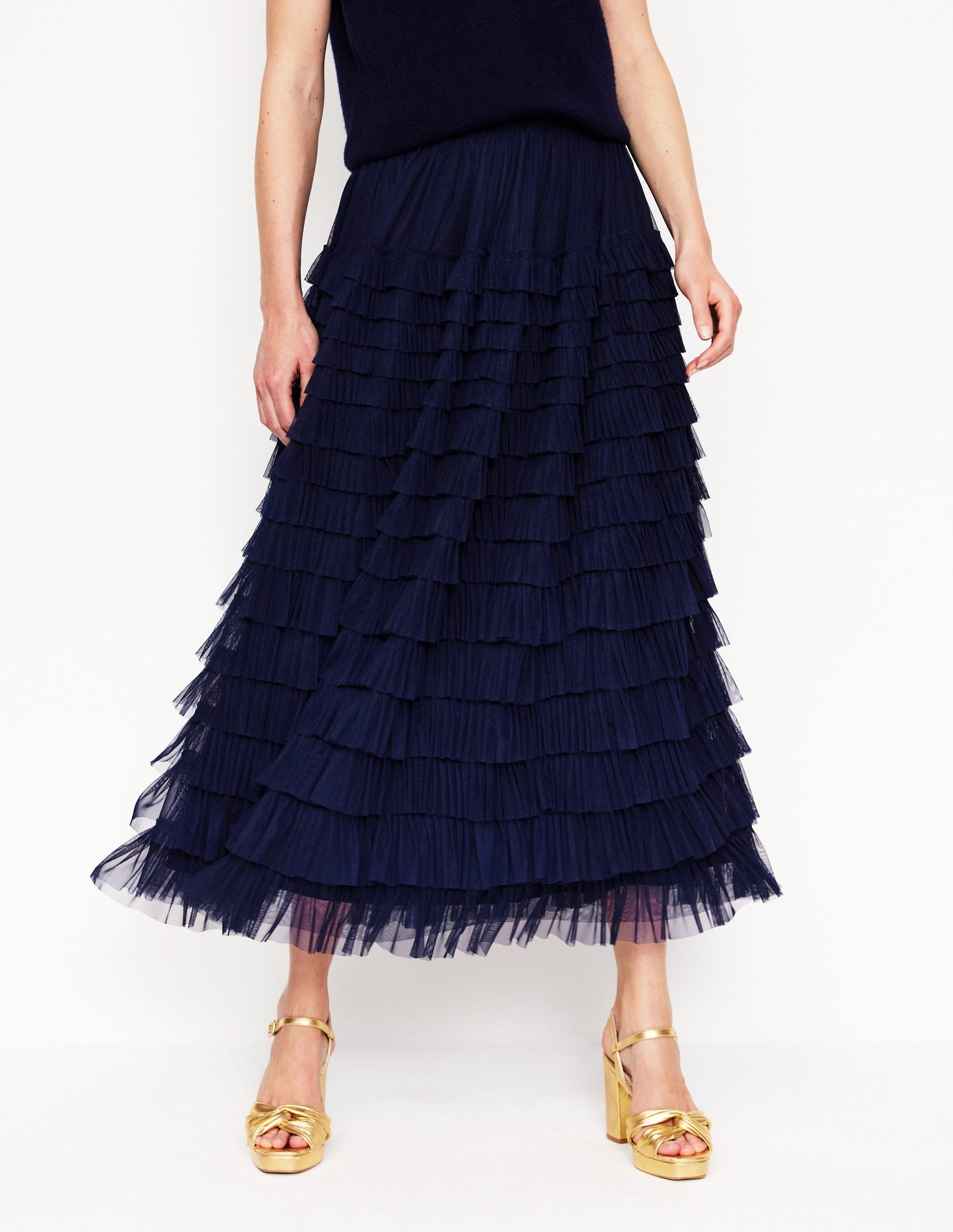 Tiered Tulle Ruffle Maxi Skirt-Navy