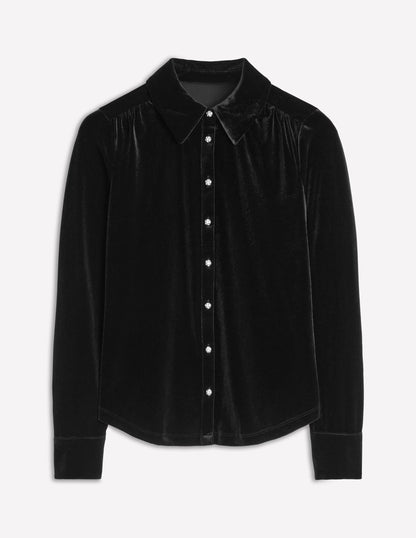 Jewel Button Velvet Shirt-Black