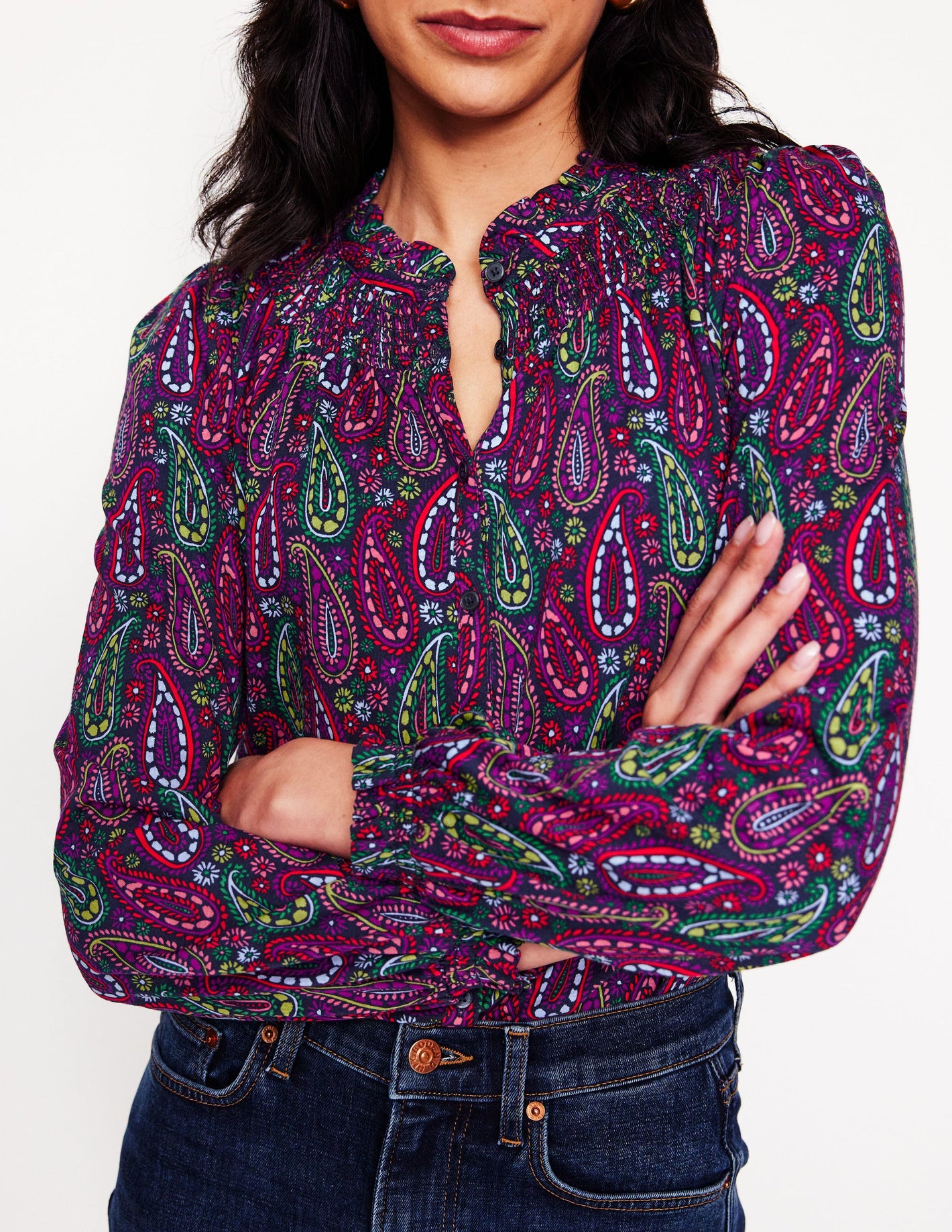 Fay Smocked Jersey Shirt -Multi, Illustrated Paisley