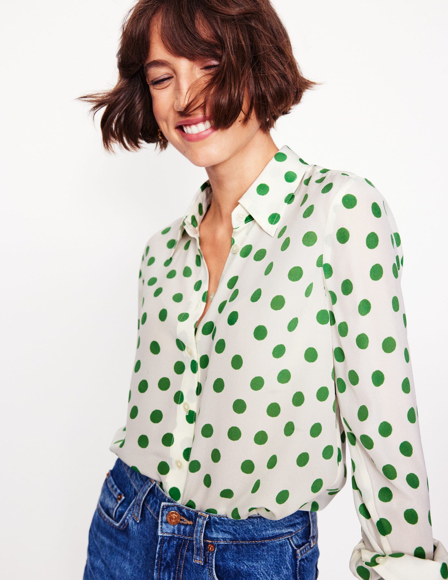 Sienna Silk Shirt -Ivory, Green Abstract Dot