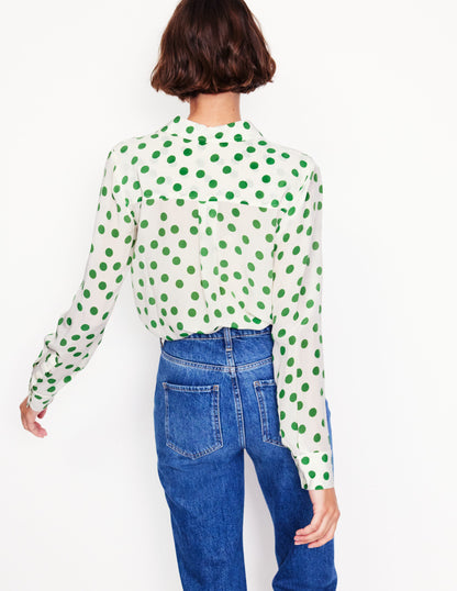 Sienna Silk Shirt -Ivory, Green Abstract Dot