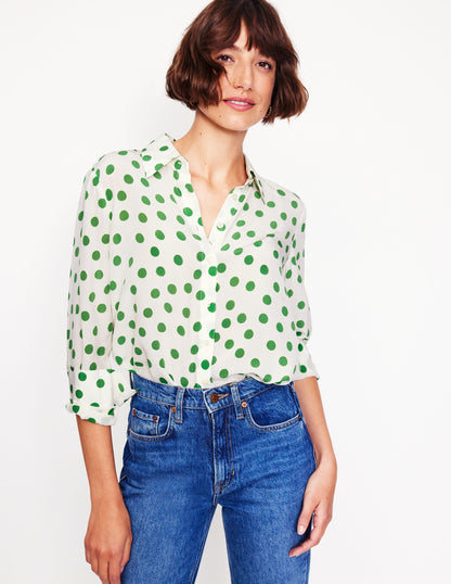 Sienna Silk Shirt -Ivory, Green Abstract Dot