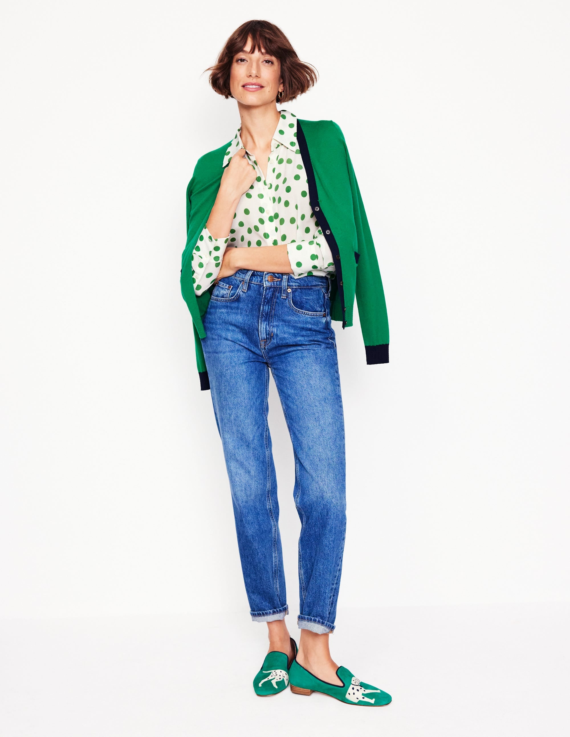 Sienna Silk Shirt-Ivory, Green Abstract Dot - Image 5