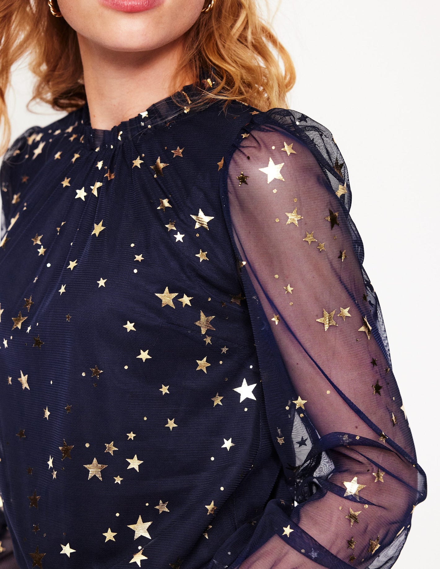 Tulle Blouson Sleeve Top-Navy, Scattered Stars