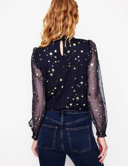 Tulle Blouson Sleeve Top-Navy, Scattered Stars