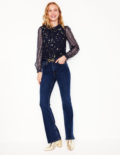 Tulle Blouson Sleeve Top-Navy, Scattered Stars