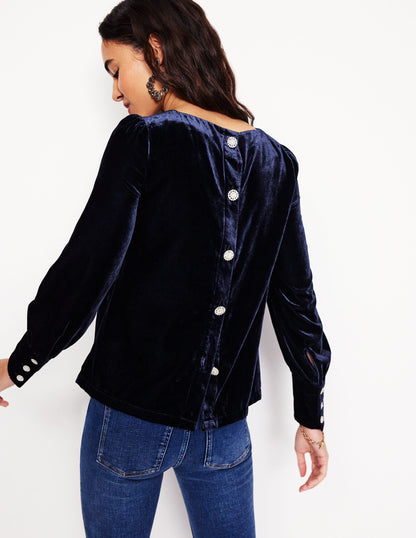 Button Back Velvet Top-Navy