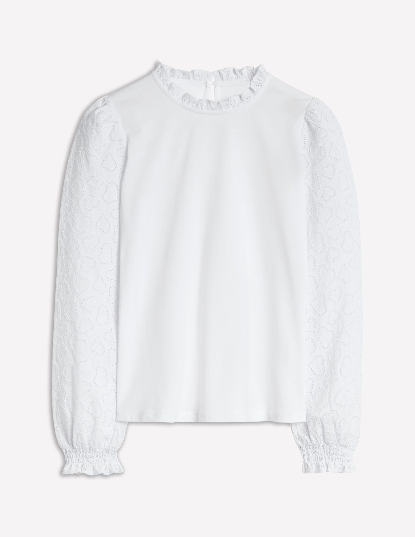 Broderie Sleeve Frill Neck Top-White