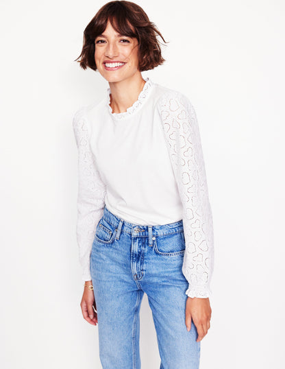 Broderie Sleeve Frill Neck Top-White