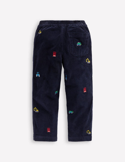 Pull-on Cord Trousers-Construction Embroidery-2