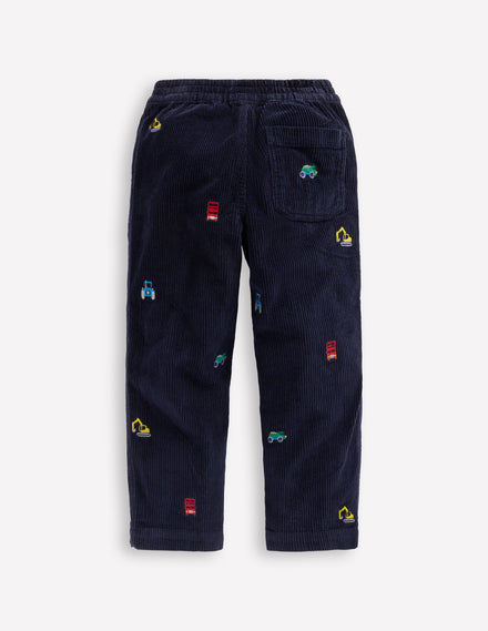 Pull-on Cord Trousers-Construction Embroidery