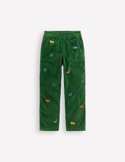 Pull-on Cord Trousers-Prehistoric Animals Embroidery-2