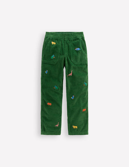 Pull-on Cord Trousers-Prehistoric Animals Embroidery