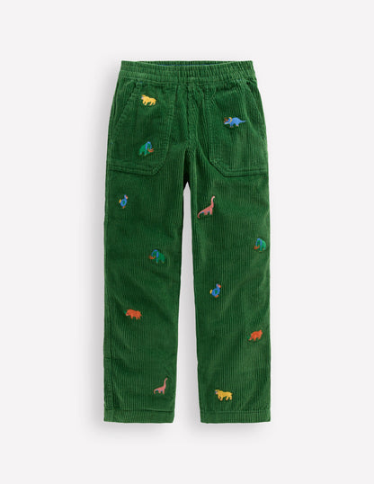 Pull-on Cord Trousers-Prehistoric Animals Embroidery-1