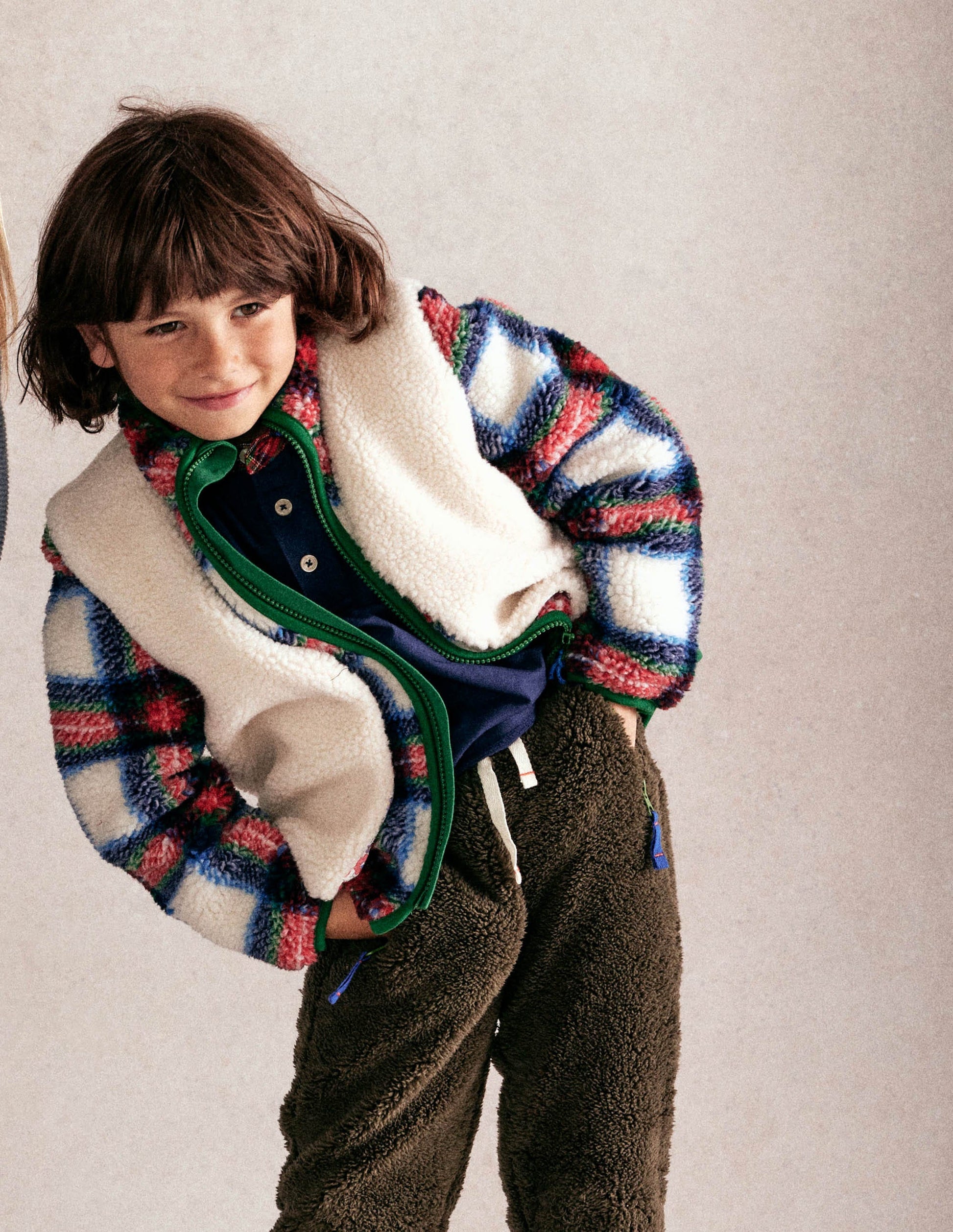 Cosy Borg Jacket-Ivory, Blue and Red Check-1