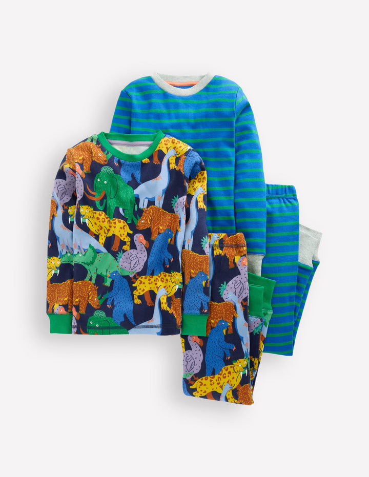 Snug Twin Pack Pyjamas-Prehistoric Animals and Stripe