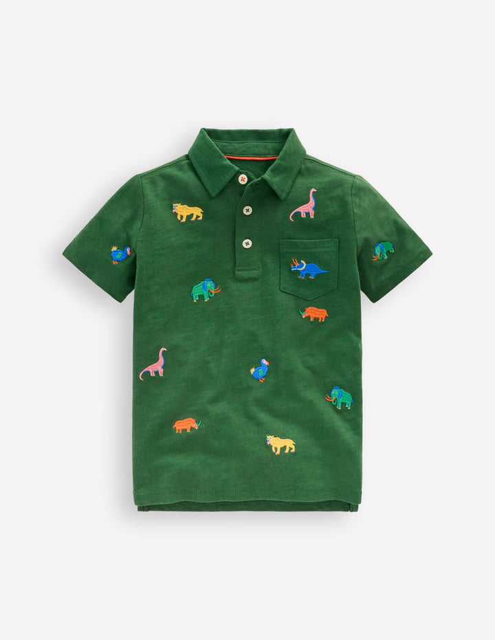 Embroidered Slub Polo Shirt-Prehistoric Animals Embroidery