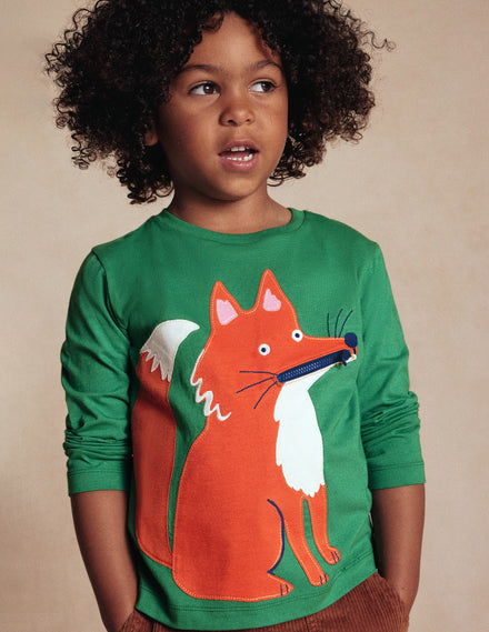 Zip Detail Appliqué T-shirt-Shady Green Fox