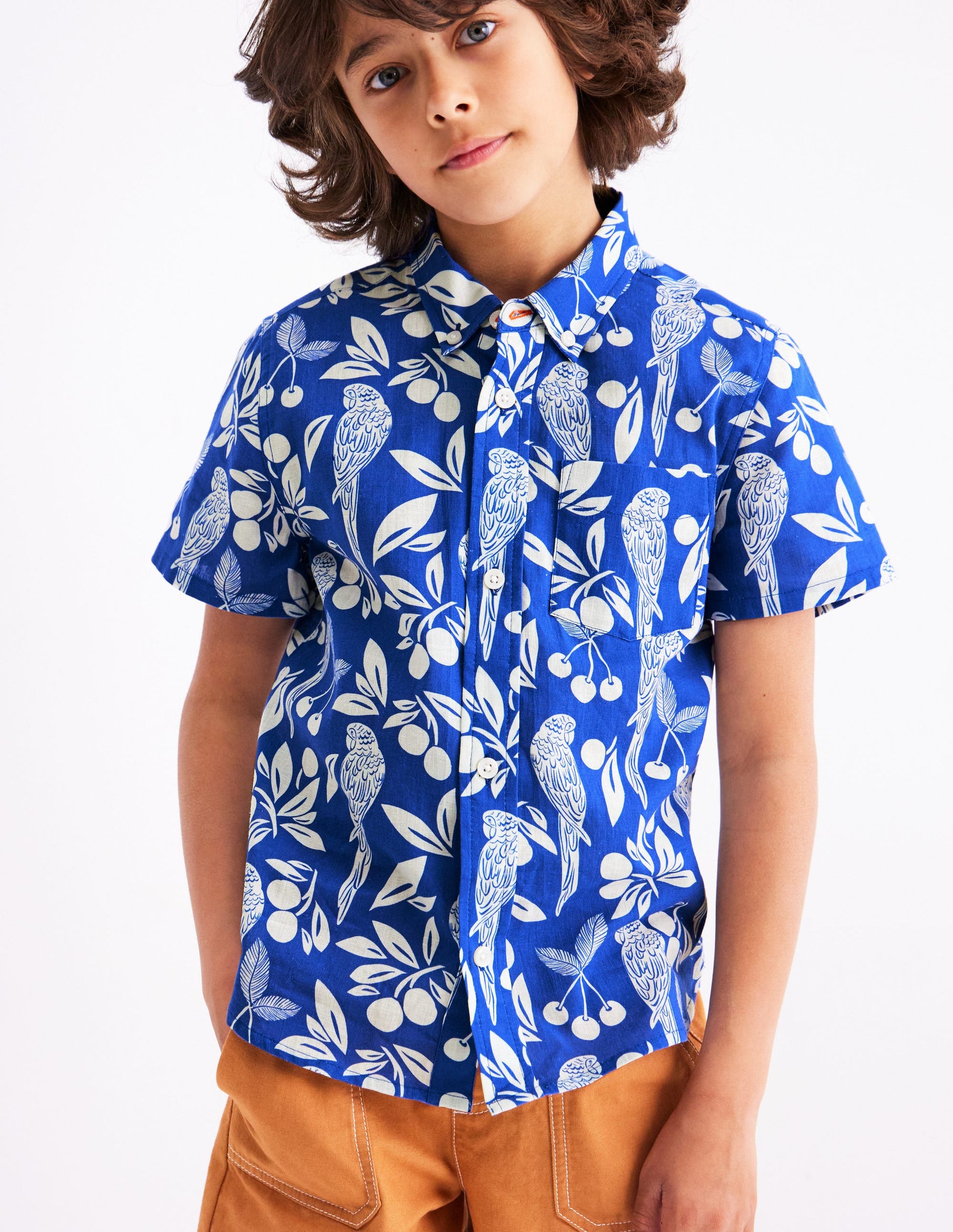 Cotton Linen Shirt-Blue Parrot Palm-2