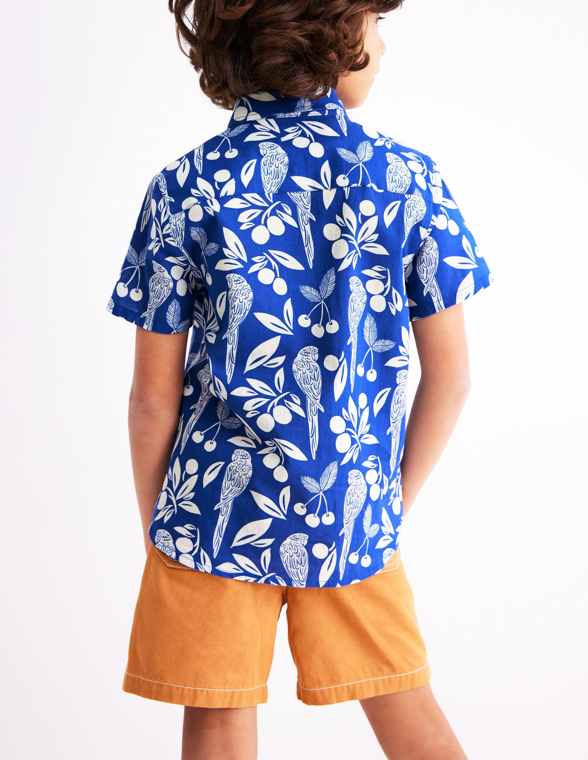 Cotton Linen Shirt-Blue Parrot Palm-4